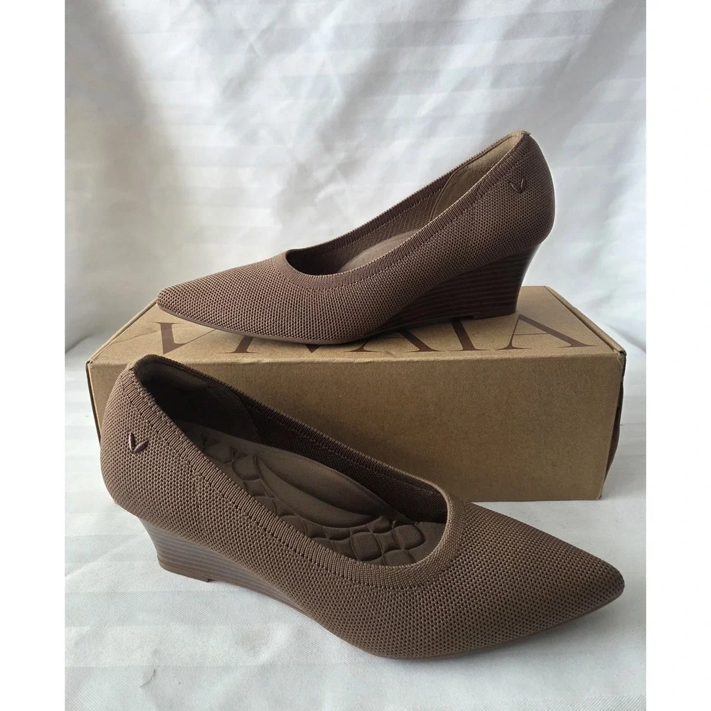 VIVAIA Pointed Toe Knit Wedge Pumps Brown Sustainable Shoes Size 37 US 6.5